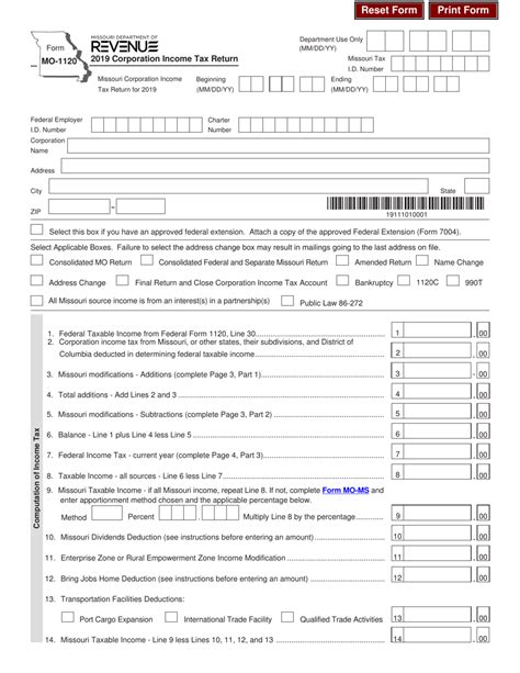 Form MO-1120 Download Fillable PDF or Fill Online Corporation Income Tax Return - 2019 Missouri ...