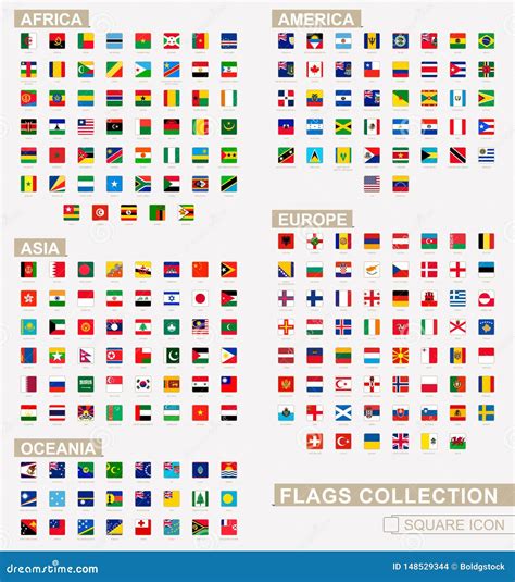 Square Flags of the World, Collection Sorted by Continents and Alphabetical Stock Vector ...