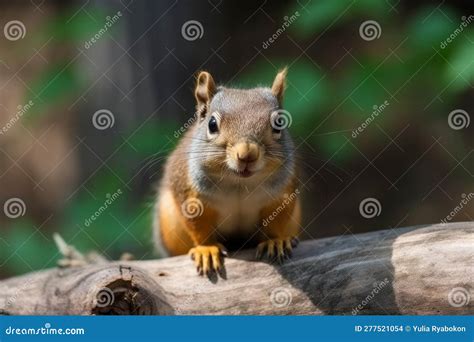 Curious Red Squirrel Peeking Behind The Tree Trunk. Cartoon Character Of A Mammalian Rodent. A ...