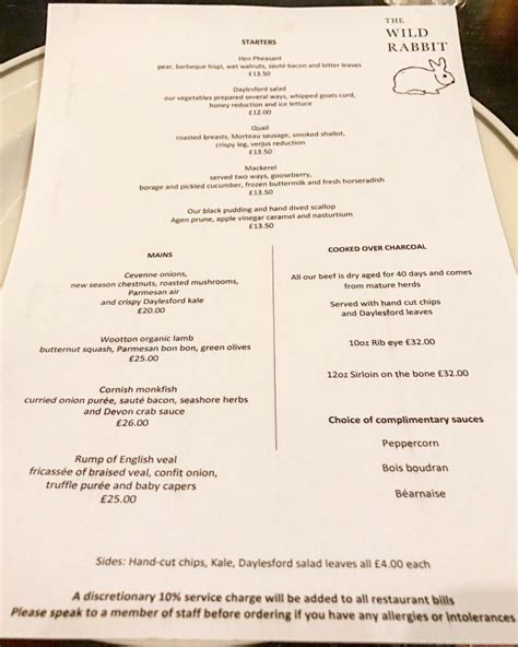 Dinner menu at the newly Michelin-starred pub The Wild Rabbit located in the Cotswolds! Read our ...