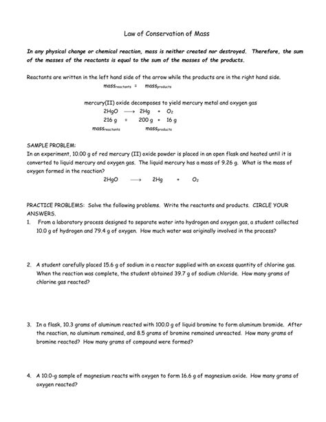 Conservation Of Mass Worksheet – Zip Worksheet