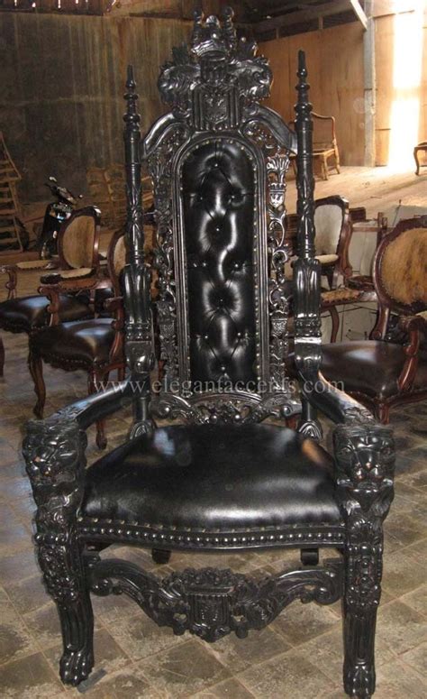 Carved Mahogany King Lion Gothic Throne Chair Black Paint with Black Leather | Gothic ...