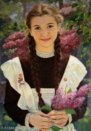 Russian school uniform. "A Schoolgirl with Lilac" – painting by Stanislav Gannutin, 2008. # ...