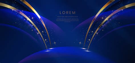 Abstract gold curved on dark blue background with lighting effect and sparkle with copy space ...