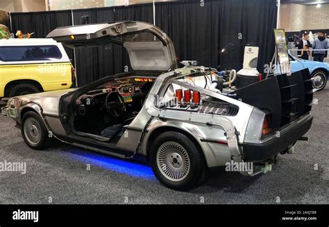 Philadelphia, Pennsylvania, U.S.A - February 9, 2020 - The silver DMC DeLorean car used in the ...