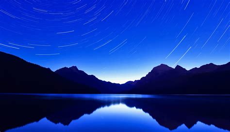 Download Mountain Star Blue Reflection Lake Night Nature Star Trail HD Wallpaper