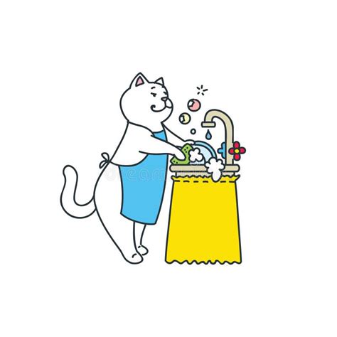 Cute Cat washing dishes. stock illustration. Illustration of sweet - 88960241