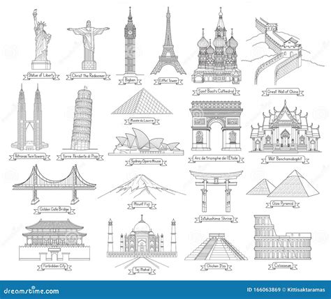 Dessin D'art à Doodle De Voyage Les Monuments Célèbres Du Monde Image stock éditorial ...