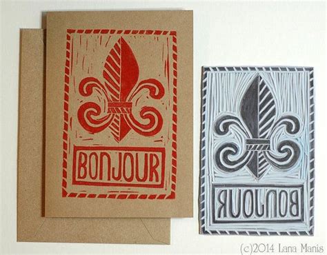 BONJOUR Greeting Card Set of 3 Hand Printed Block Print Cards by HoneysuckleLane #french #france ...