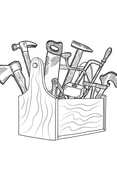 Vector hand drawn woodwork equipment in wooden toolbox isola (871908) | Illustrations | Design ...