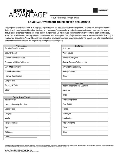 Truck Driver Tax Deductions Worksheet - Fill Online, Printable, Fillable, Blank | pdfFiller