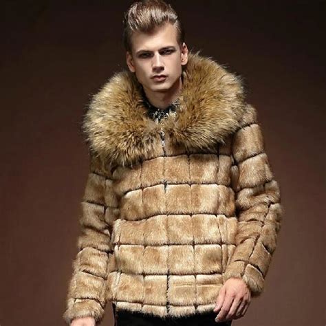 2016 Winter Men Faux Fox Fur Collar Plaid Faux Fur Coats Male Black Fur Outerwear Casual Plus ...