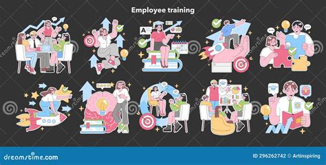 Employee Training Set. Flat Vector Illustration. Stock Illustration - Illustration of vector ...