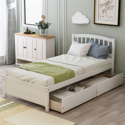 Twin Bed Frame No Box Spring Needed, White Twin Platform Bed Frame with Headboard and Storage ...