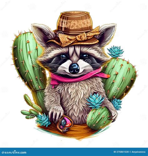 A Raccoon Wearing a Cowboy Hat Sitting on a Cactus. AI Generative Image. Stock Illustration ...