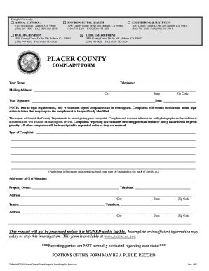 Complaint Form - Placer County Government - Placer Ca - Fill and Sign Printable Template Online