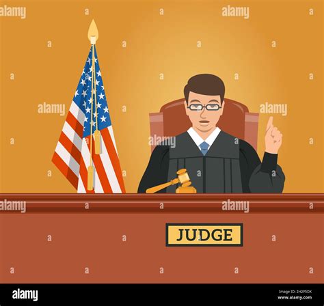 Judge man in courtroom at tribunal with gavel and American flag points ...