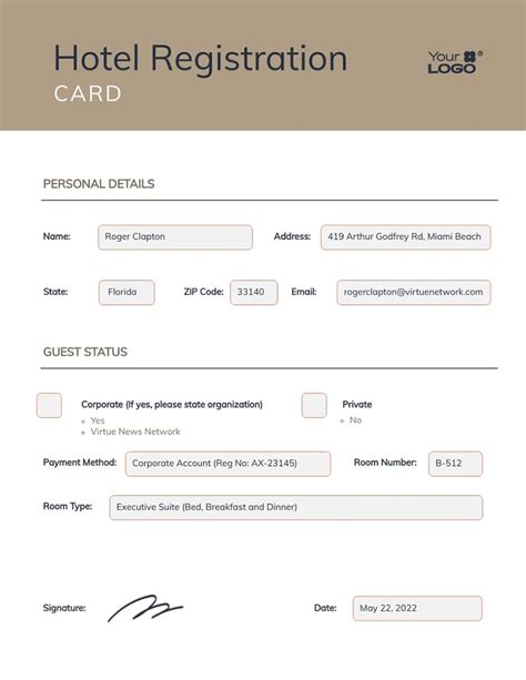 Hotel Registration Card Template