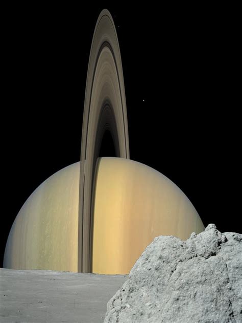 Apparent size of Saturn from location of Mimas (Image composition: Saturn, Moon surface). : r/space