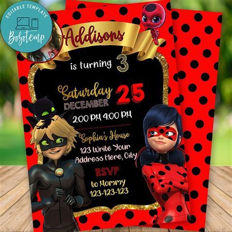 Editable Miraculous Ladybug Birthday Invitation With Photo DIY | Bobotemp