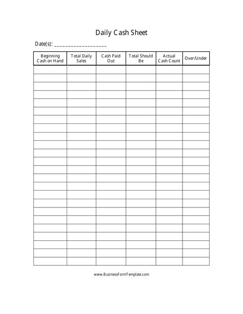 Daily Cash Sheet Template - Big Table Download Printable PDF | Templateroller