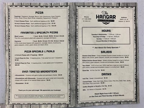 Menu at The Hangar Restaurant, Watson, N US Highway 45