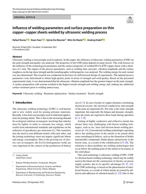 (PDF) Influence of welding parameters and surface preparation on thin copper–copper sheets ...