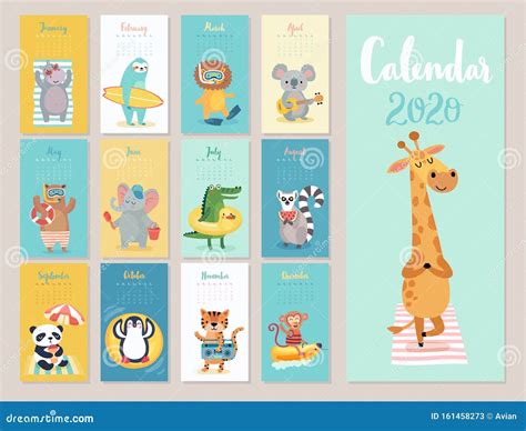 Calendar 2020. Cute Monthly Calendar with Beach Animals Stock Vector - Illustration of christmas ...