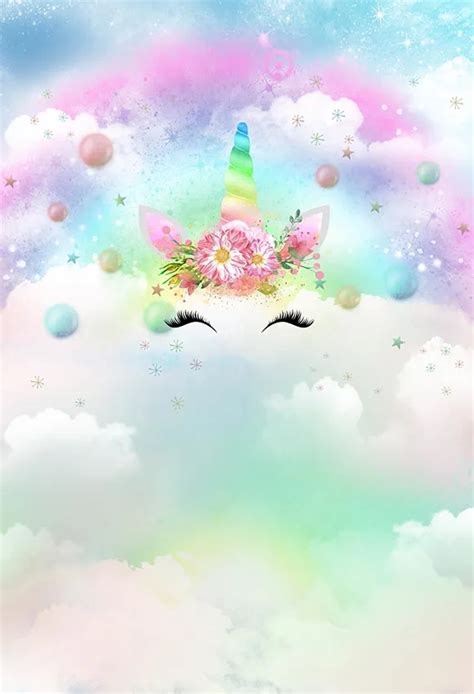 5x7FT Rainbow Sky Unicorn Horn Mask Faace Flowers Clouds Balloons Custom Photo Studio Backdrop ...