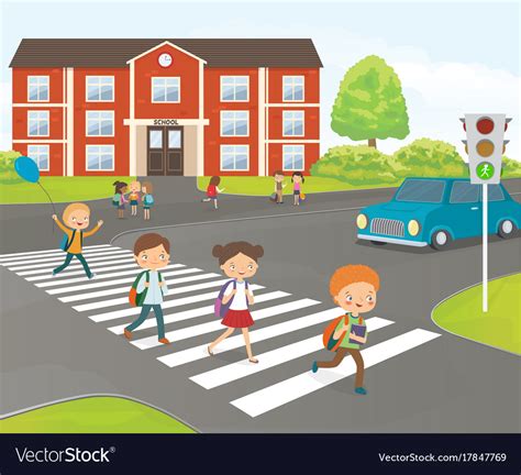 School children cross road on pedestrian crossing Vector Image