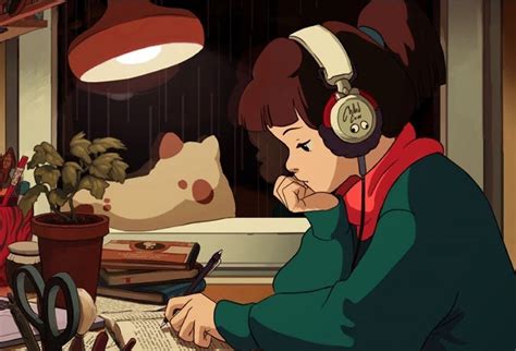 a woman sitting at a table with headphones on and looking at a book in front of her