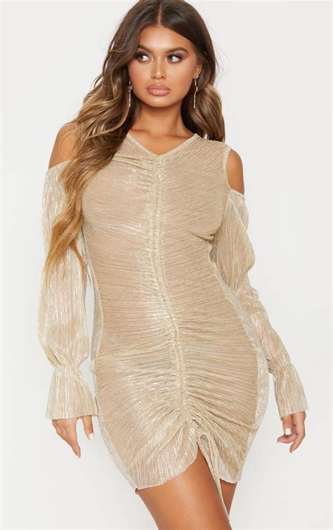 Gold Metallic Ruched Bodycon Dress | Dresses | PrettyLittleThing IE