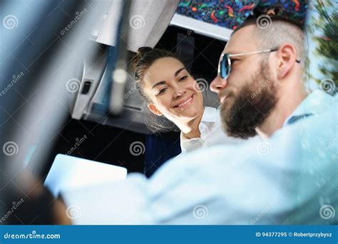 Bus driver and passenger stock image. Image of road, looks - 94377295