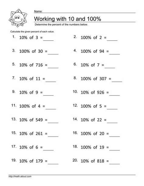 Percentage worksheets for finding 10 and 100% of numbers