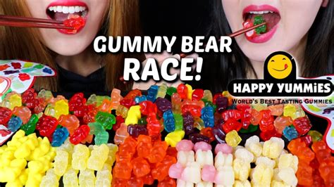 ASMR GUMMY BEAR RACE EATING (HAPPY YUMMIES WORLD'S BEST TASTING GUMMIES) CHALLENGE 먹방 | Kim&Liz ASMR