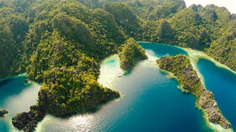 Coron, Palawan, Philippines, Aerial View of Beautiful Twin Lagoon and Limestone Cliffs. Fisheye ...