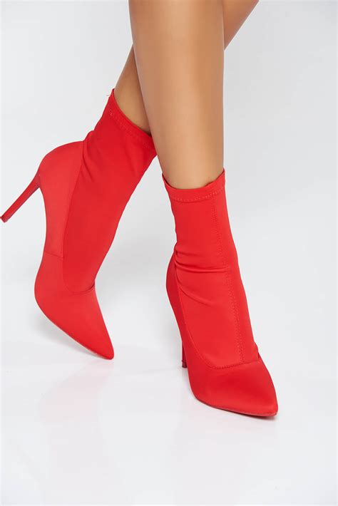 Red casual ankle boots with high heels from satin fabric texture slightly pointed toe tip