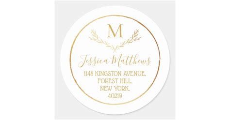 Gold Foil Wreath Custom Monogram Return Address Classic Round Sticker ...