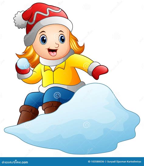 Cartoon Girl Playing Snowboard with a Snow Stock Vector - Illustration ...