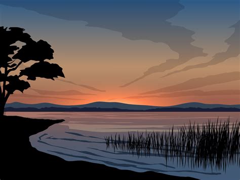 Tranquil Lake Sunset with Tree Silhouette 2042896 Vector Art at Vecteezy