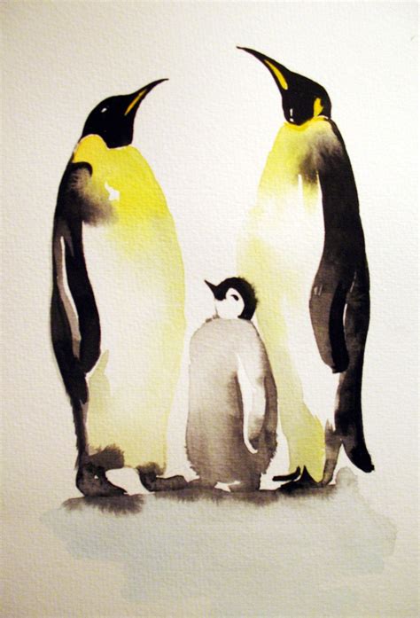 Original Watercolor painting Penguin Family