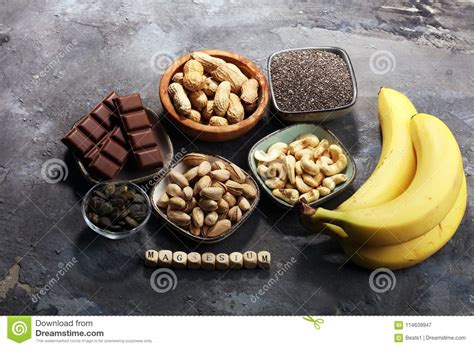 Products Containing Magnesium: Bananas, Pumpkin Seeds, Cashew Nu Stock Image - Image of banana ...