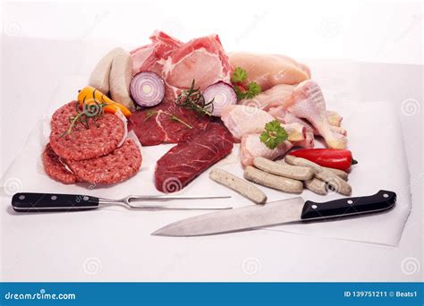 Raw Meat. Different Types of Raw Pork Meat, Chicken and Beef with Spices and Herbs Stock Image ...