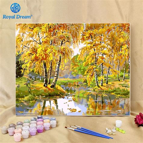 Landscape Oil Painting By Numbers on Canvas Autumn Tree Painting Hand painted Paint By Number ...
