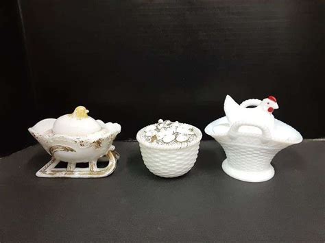 (3) Milk Glass Covered Dishes - Delaware Auction Center