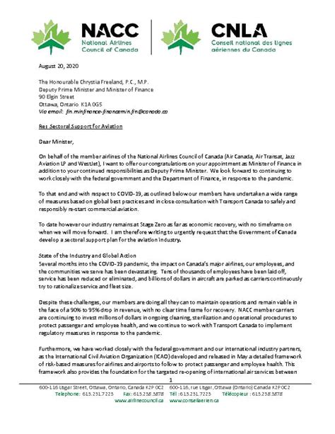 NACC LETTER TO THE HONOURABLE CHRYSTIA FREELAND, DEPUTY PRIME MINISTER ...