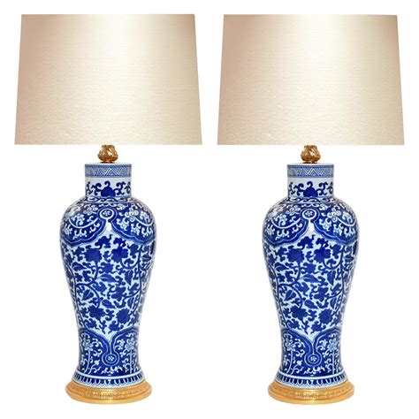 Pair of blue and white ceramic table lamps. at 1stDibs