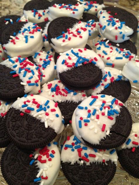 Patriotic Oreos covered in white sprinkled with red and blue. Sounds like a recipe for Memorial ...