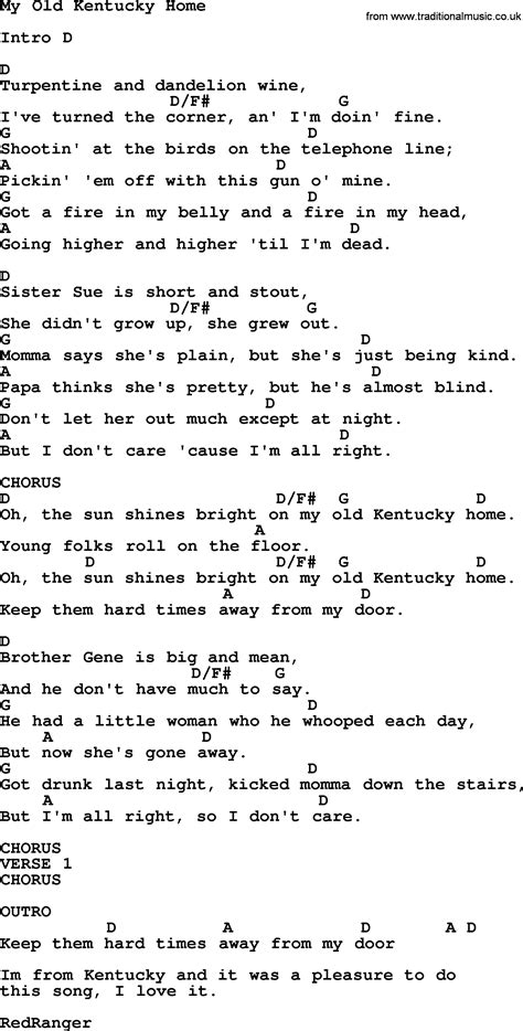 Johnny Cash song: My Old Kentucky Home, lyrics and chords