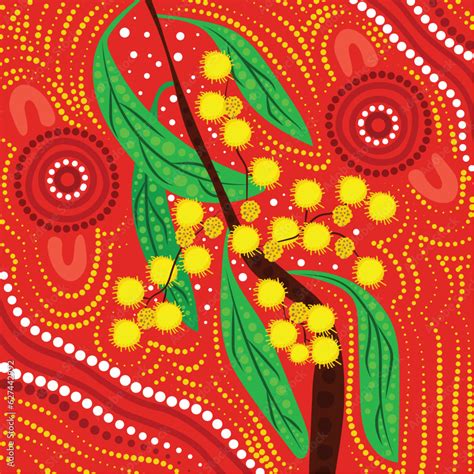 Aboriginal dot art of Australian yellow wattle painting Stock Vector | Adobe Stock